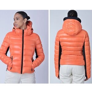 NWT The Recycled Planet Co Scuva Jacket Orange Shiny Puffer Hooded Down Size M
